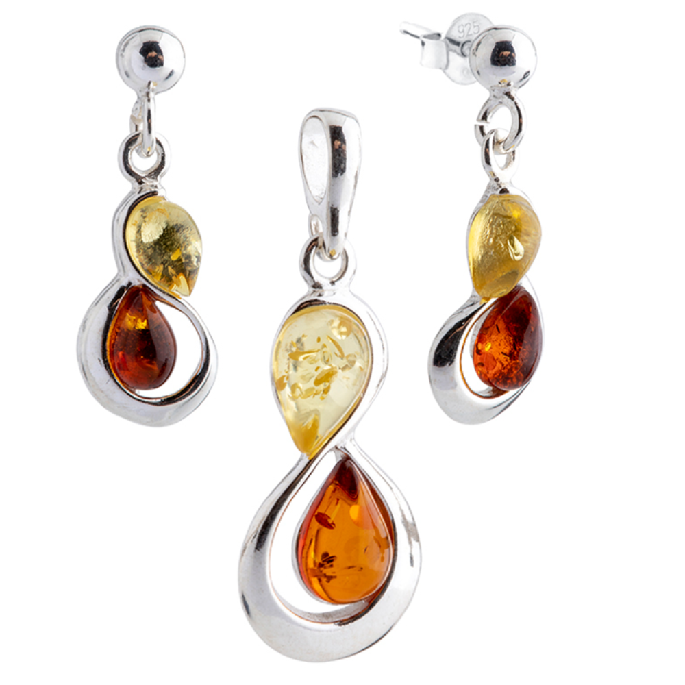 A set of 925 silver and Baltic amber earrings and a pendant with colorful teardrops
