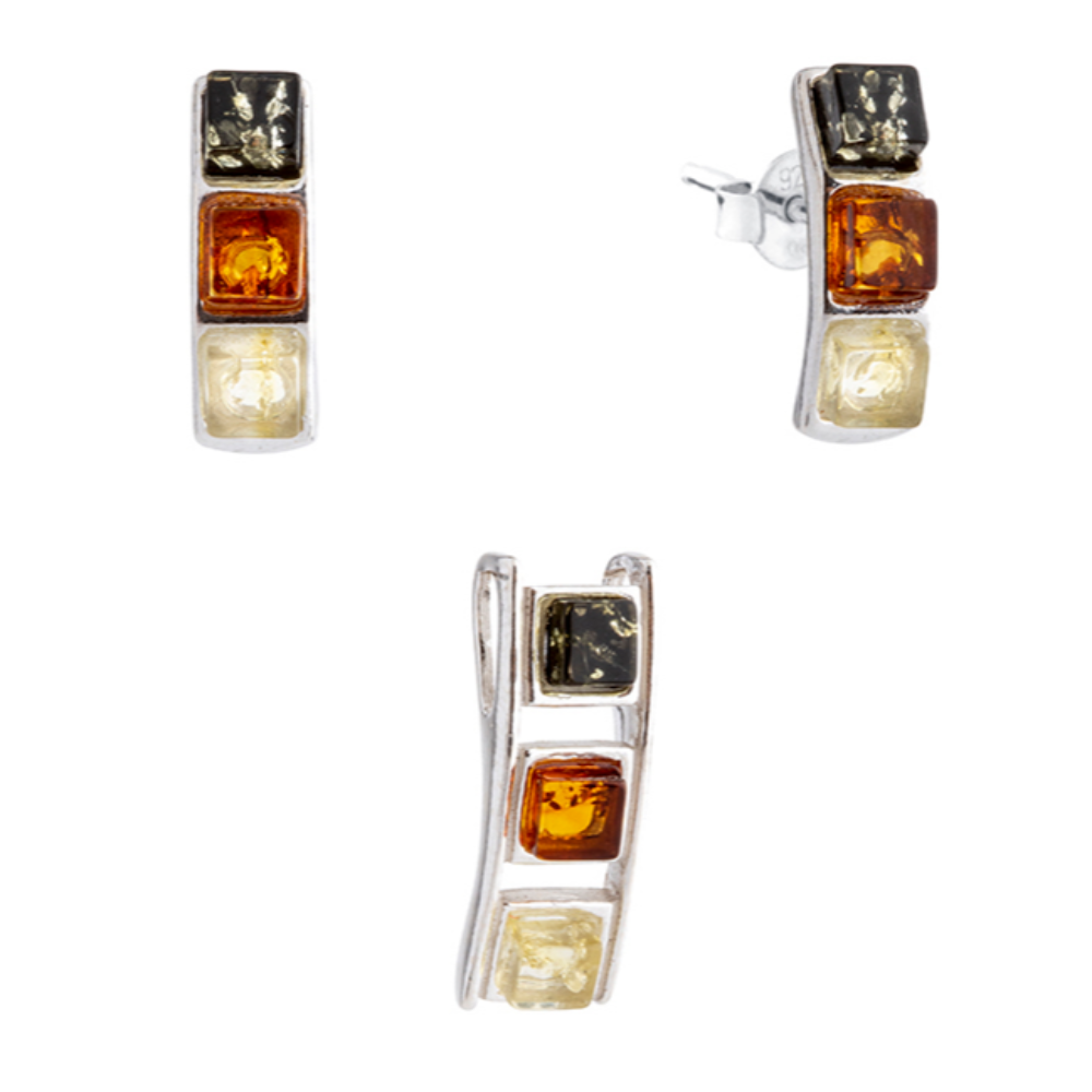 A set of 925 silver and Baltic amber earrings and a pendant with colorful cubes