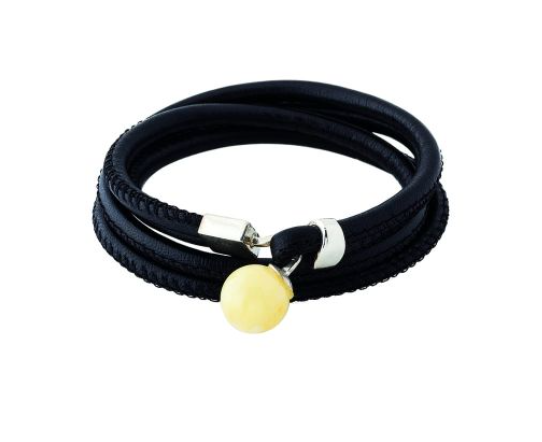 Modern leather bracelet with milky amber, black