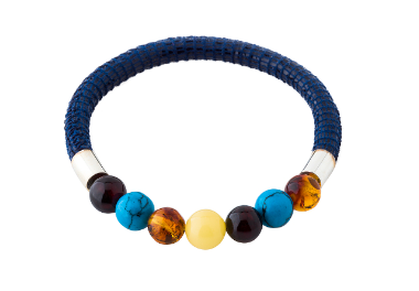 Blue leather bracelet with colorful amber