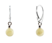 Classic hanging 925 silver earrings with milky Baltic amber, 8 mm ball