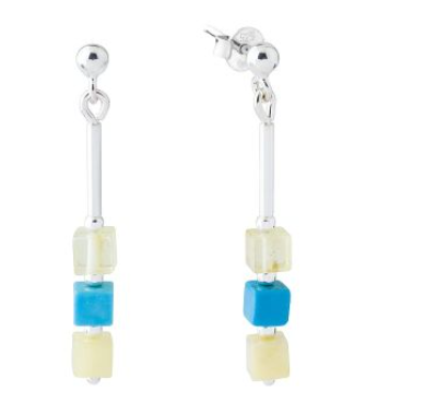 Delicate hanging silver earrings with Baltic amber and turquoise in the shape of cubes 4 mm