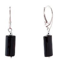 Elegant classic silver hanging earrings with cherry Baltic amber in the shape of a flat cylinder