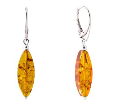 Delicate, slender silver hanging earrings with cognac Baltic amber