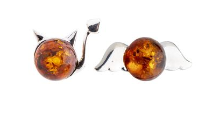 Funny 925 silver stud earrings - angel and demon - Baltic amber 10 mm