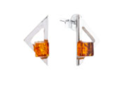 Silver Triangle earrings with a square amber element on a stick