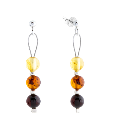 Delicate hanging 925 silver earrings with natural ball stones and Baltic amber