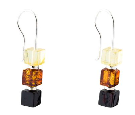 Elegant Baltic amber and 925 silver hanging earrings in three colors in the shape of cubes, 6 mm