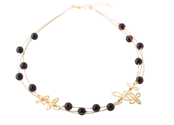 Elegant cherry amber and gold flowers necklace (gold-plated silver)