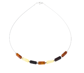 A necklace with long rollers made of colored amber