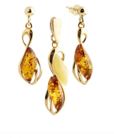 Set of gold plated 925 silver hanging earrings and Baltic amber pendant