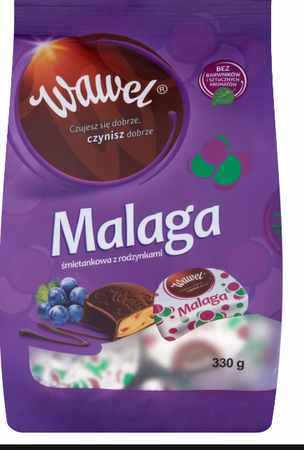 MALAGA SMIETANKOWA Z RODZYNKAMI, CHOCOLATE WITH CREAM AND RAISIN FILING,WAWEL