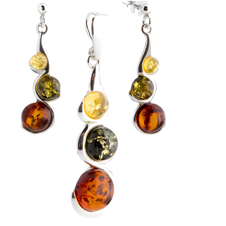 A set of 925 silver and Baltic amber hanging earrings and a pendant with colorful bubbles