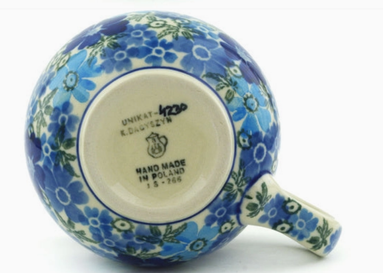 POLISH POTTERY BOLESLAWIEC Bubble Mug 12oz Fields of Blue Theme Unikat