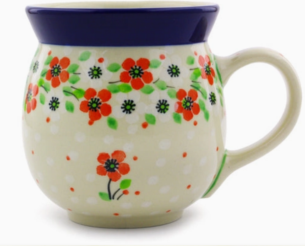 POLISH POTTERY BOLESLAWIEC Bubble Mug 16 oz Simple Scarlet Theme