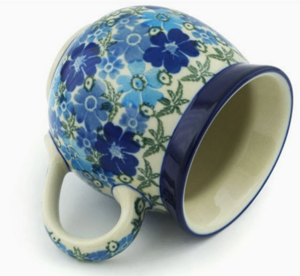 POLISH POTTERY BOLESLAWIEC Bubble Mug 12oz Fields of Blue Theme Unikat