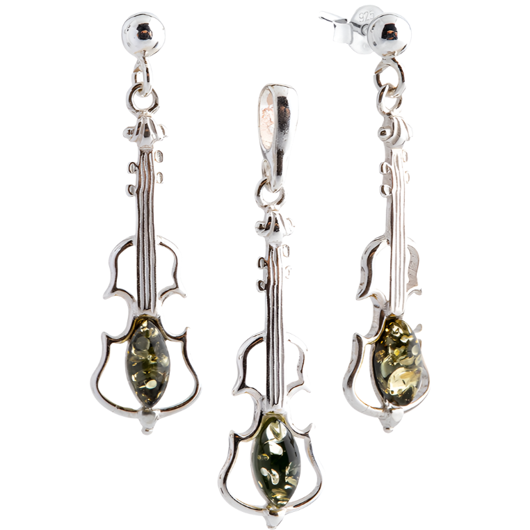 Set of hanging earrings and a violin pendant made of Baltic amber and silver