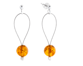 Pair of earrings with amber-colored beads on a white background