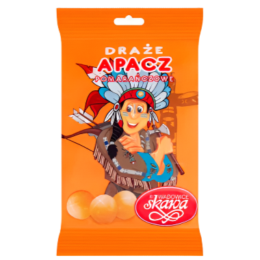 Orange package of 'Draèé Apacz' with a cartoon character on a white background