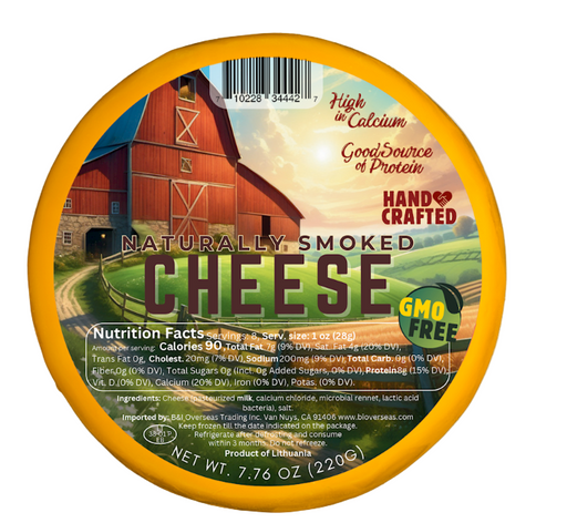 Round container of naturally smoked cheese with a barn illustration on the label.