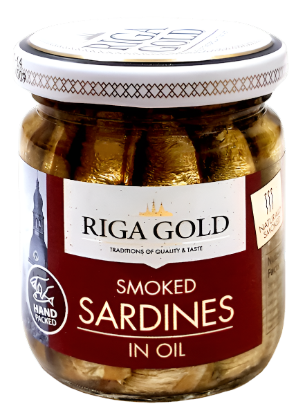 A 100g jar of RIGA GOLD smoked sardines in oil, with the label prominently displayed on the container.