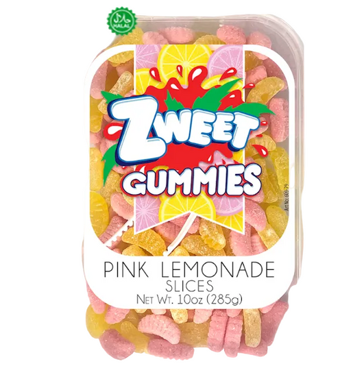 Container of Zweet Gummies Pink Lemonade Slices on a white background