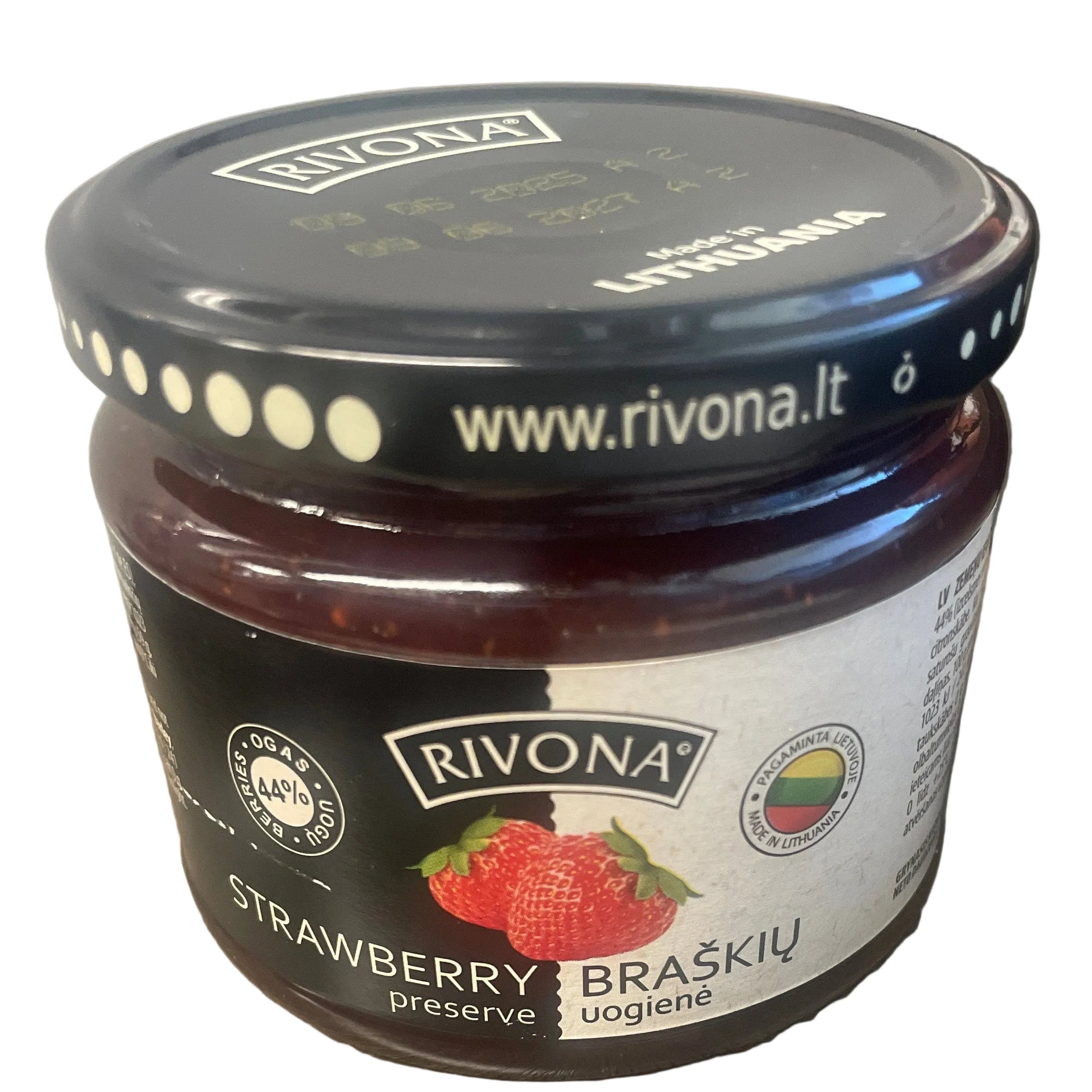 Jar of Rivona strawberry preserve on a wooden surface