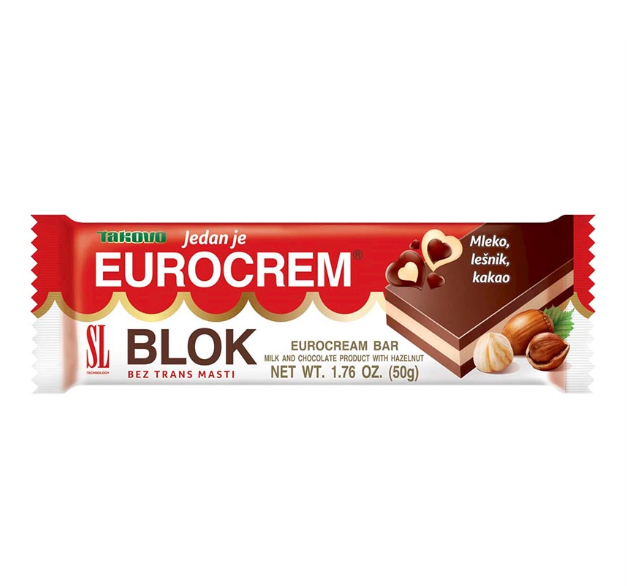 A packaged Eurocream chocolate milk and chocolate product bar wrapped in a red and white SL brand wrapper, with a chocolate dessert photo on the right side.