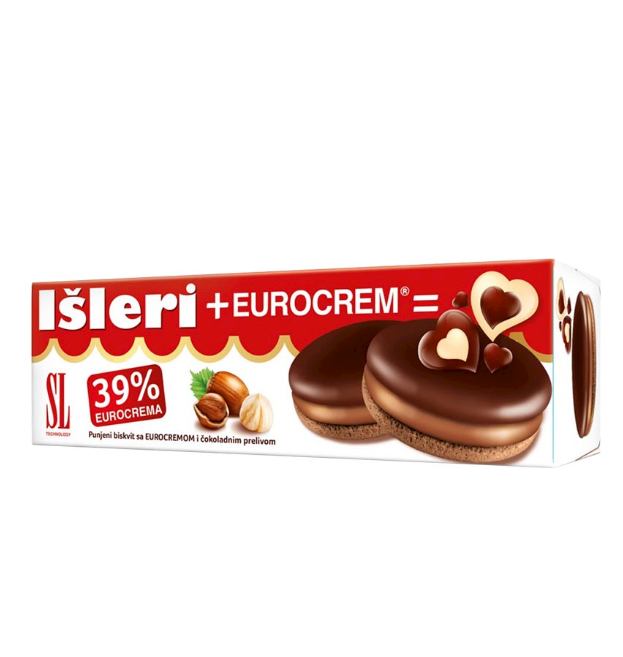 A box of Isleri + Eurocrema chocolate sandwich cookies on a plain white background. The packaging is primarily red and white, featuring an illustration of two chocolate-covered cookies with heart-shaped chocolate decorations and a 39% Eurocrema label.