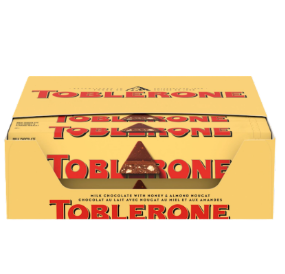 Box of Toblerone chocolate bars on a white background