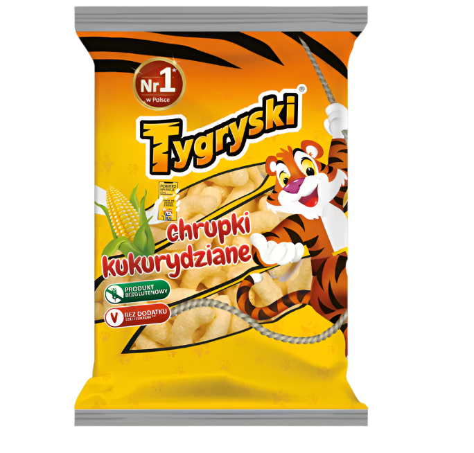 TYGRYSKI,CHRUPKI KUKURYDZIANE,CORN SNACKS 90G Gluten Free