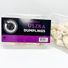 Vegan mushroom and sauerkraut pierogi packaged in clear container