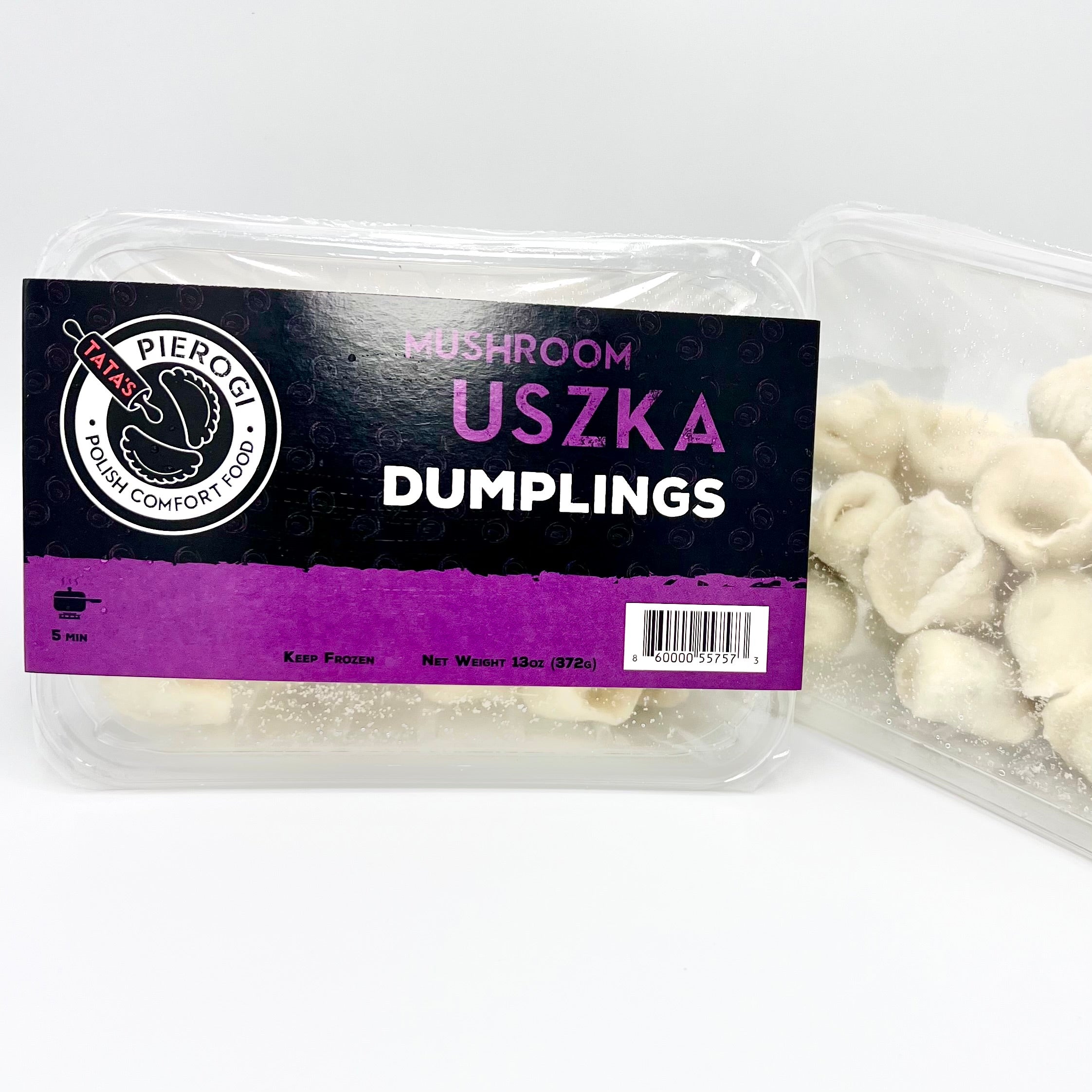 Vegan mushroom and sauerkraut pierogi packaged in clear container