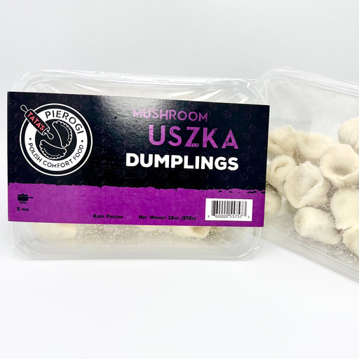 Vegan mushroom and sauerkraut pierogi packaged in clear container