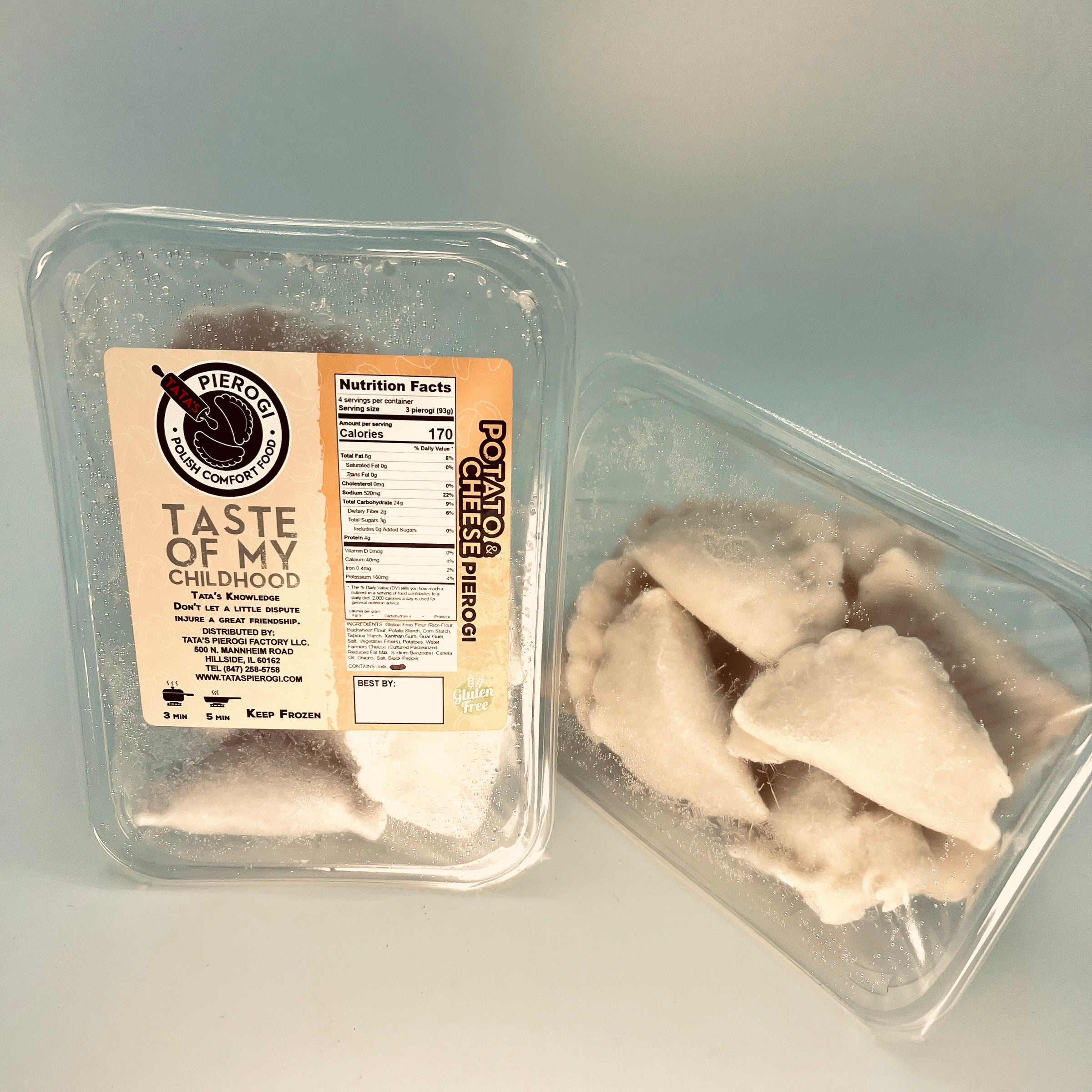 Tata’s potato and cheese pierogi packaged in clear container.