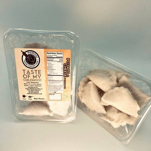 Tata’s potato and cheese pierogi packaged in clear container.
