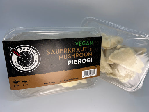 Packaged vegan pierogi with sauerkraut and mushroom flavor on a gray background