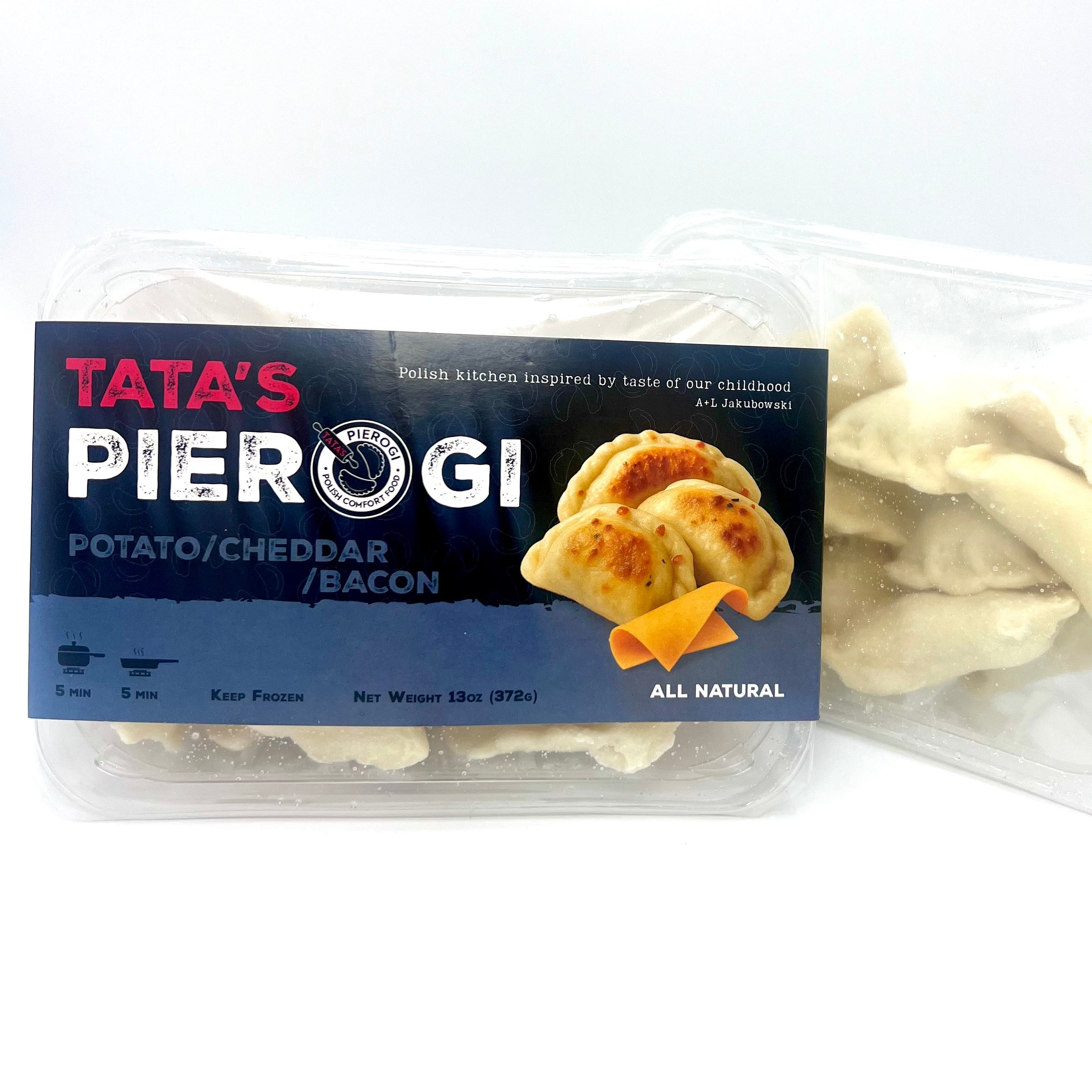 Packaged Tata's Pierogi flawor potato cheddar bacon with visible pierogies on a white background