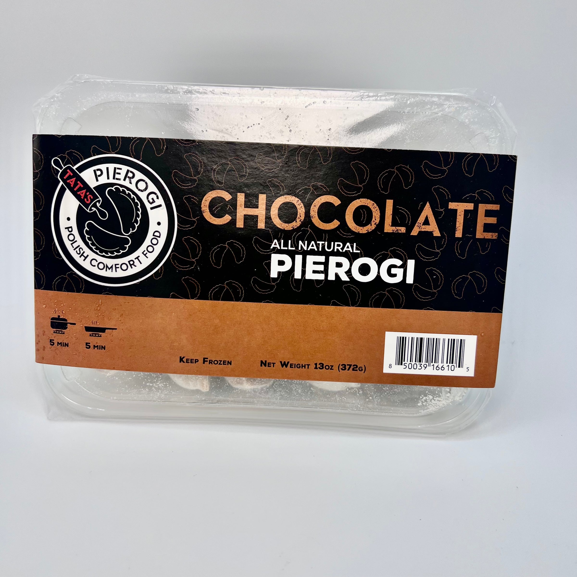Packaged chocolate pierogi with Pierogi Polish Comfort Food label on a gray background
