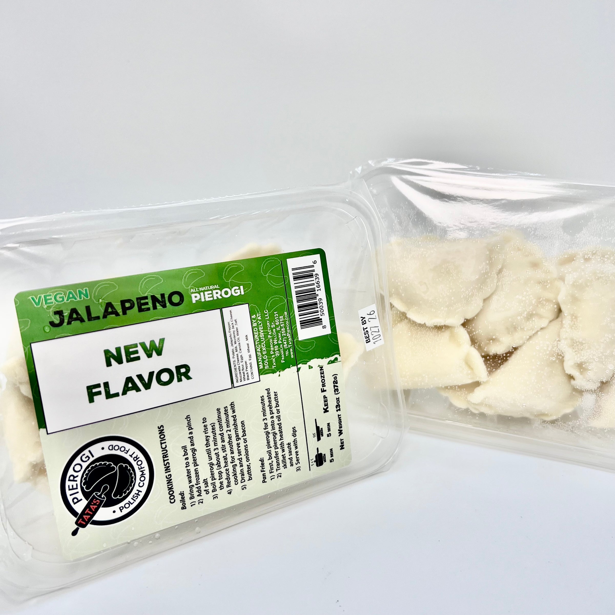 Packaged  Tatas jalapeno pierogi with a label on a white background