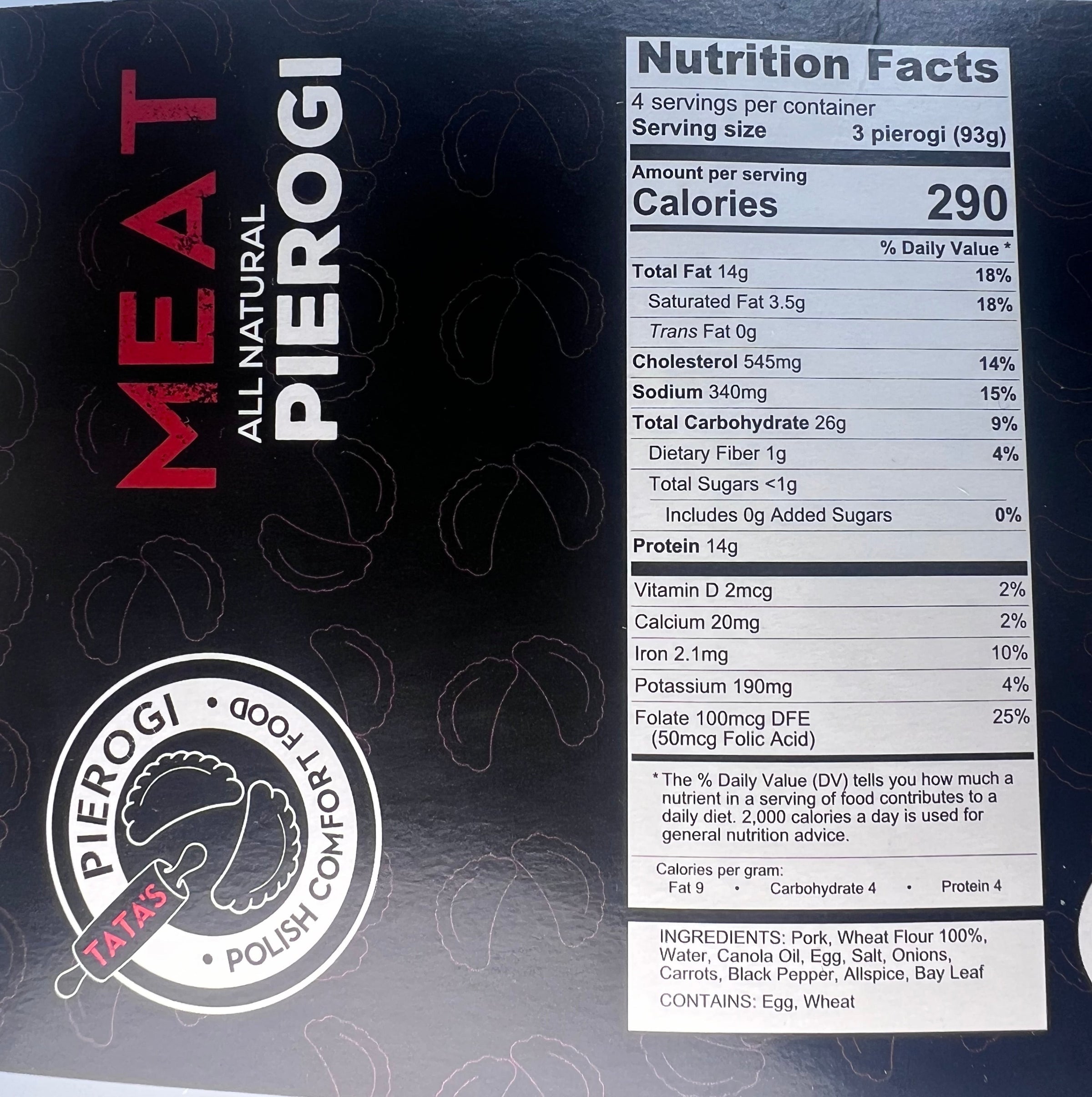 Tatas pierogi ingredients and nutritional label