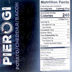 Nutrition facts label for Pierogi with visible brand logo on a dark background