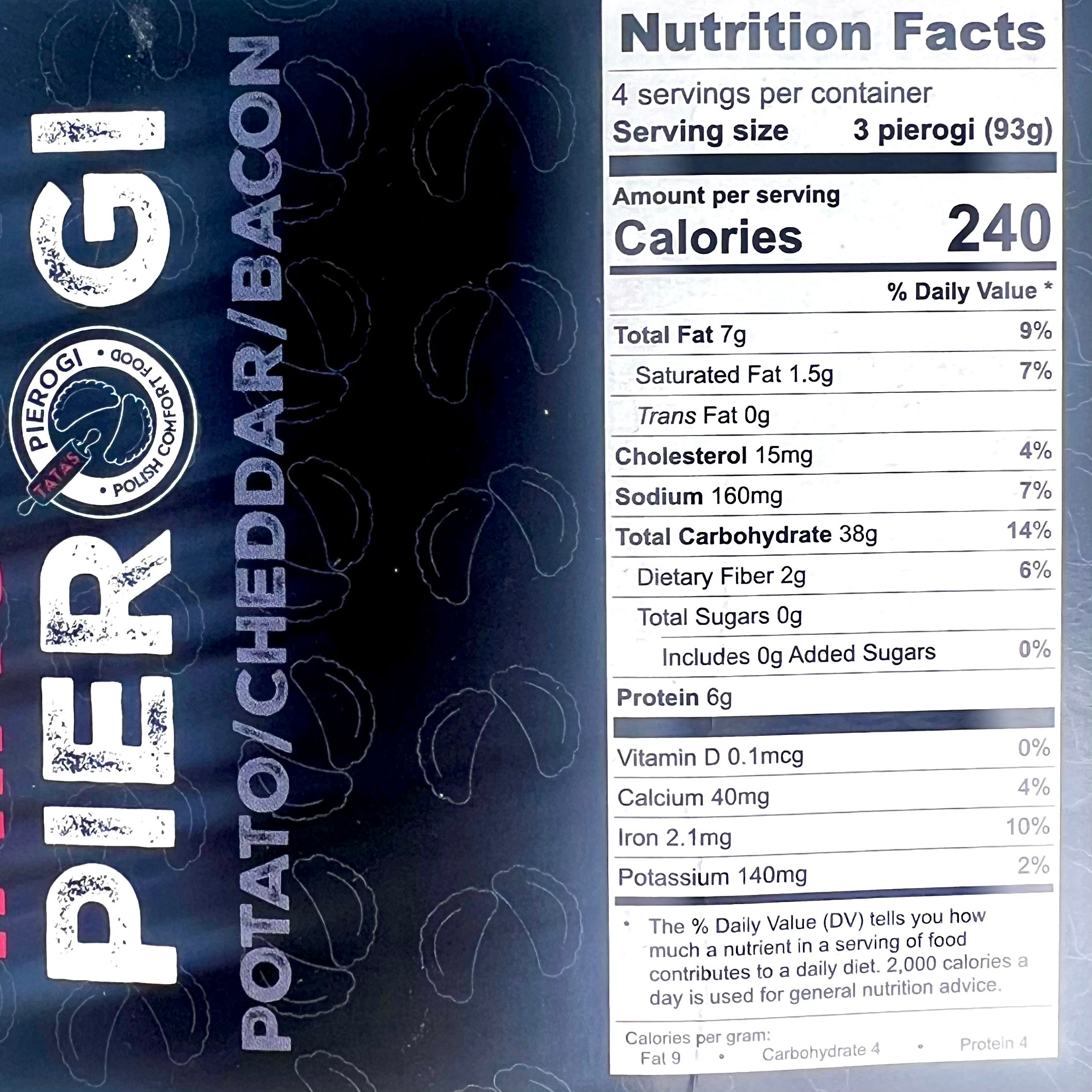 Nutrition facts label for Pierogi with visible brand logo on a dark background