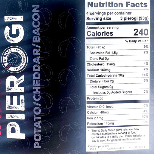 Nutrition facts label for Pierogi with visible brand logo on a dark background
