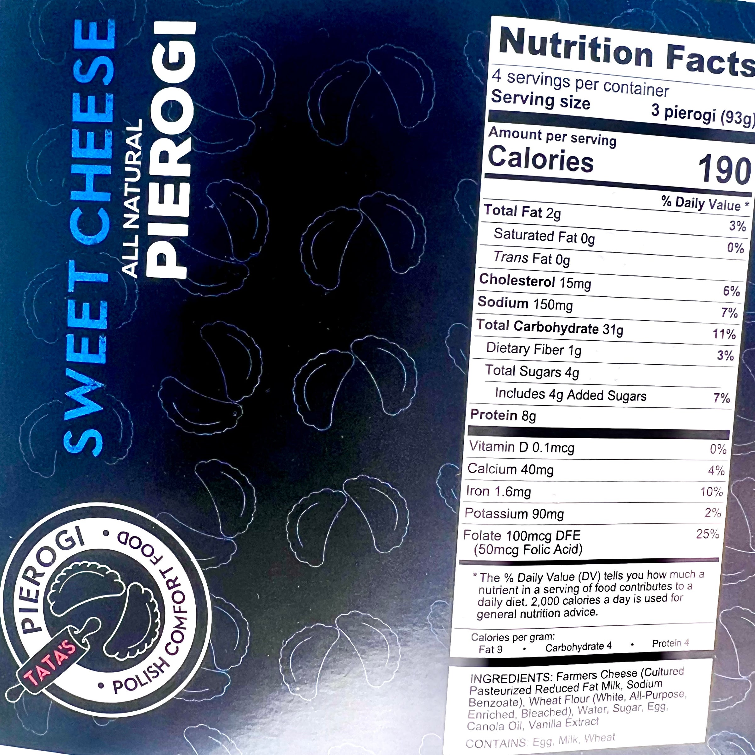 Nutrition label for Sweet Cheese Pierogi with product name and branding on a dark background.