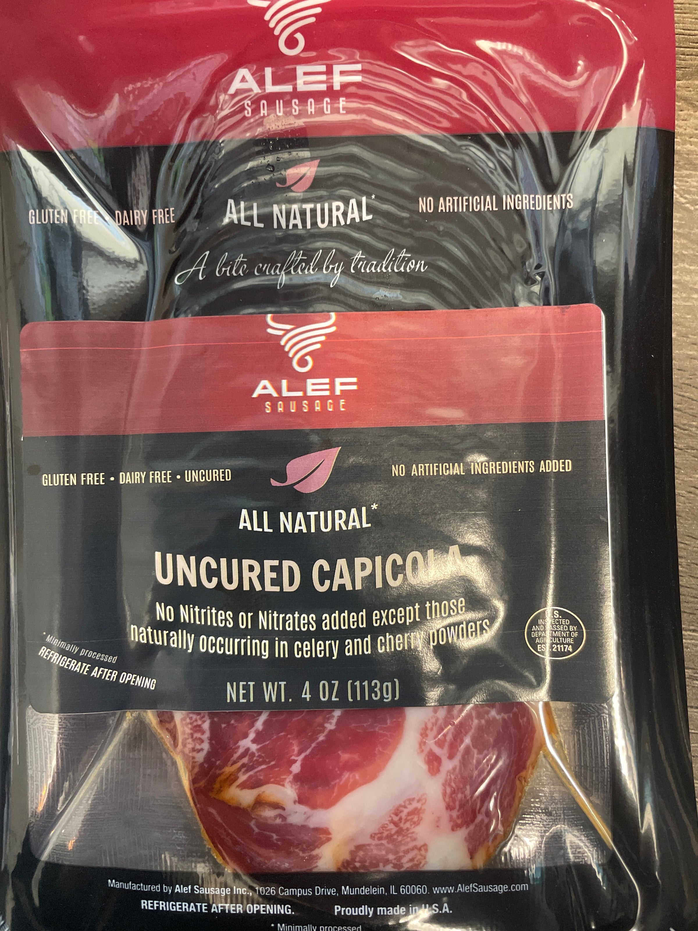 Package of ALEF Uncured Capicola with visible branding and product details.