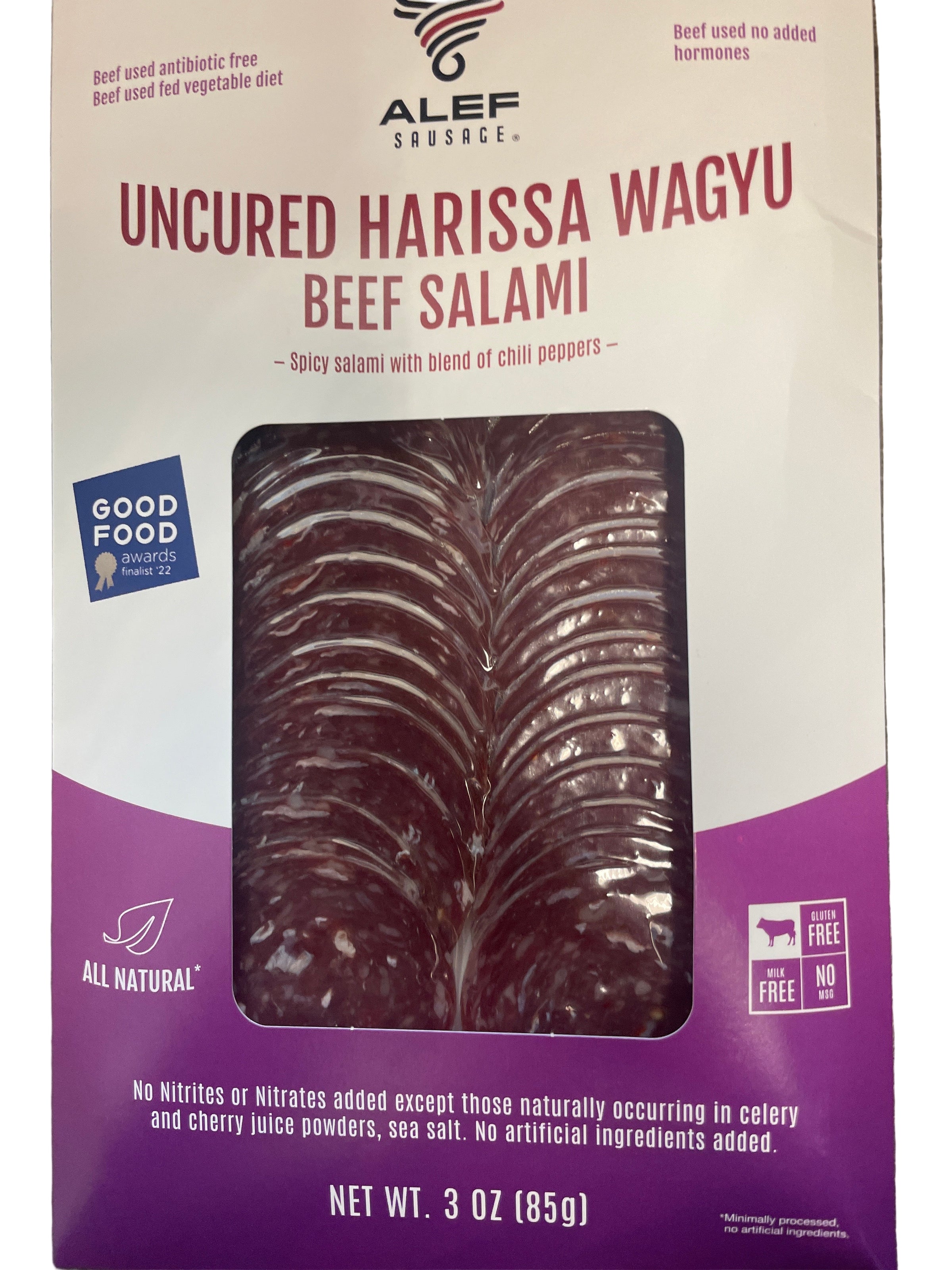 Packaged Uncured Harissa Wagyu Beef Salami with Alef Shukr on a purple and white background