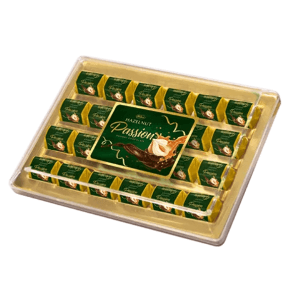 Box of hazelnut chocolate bars with a prominent brand label on a white background