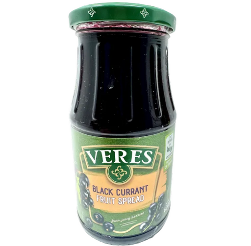 Jar of Veres black currant fruit spread on a white background