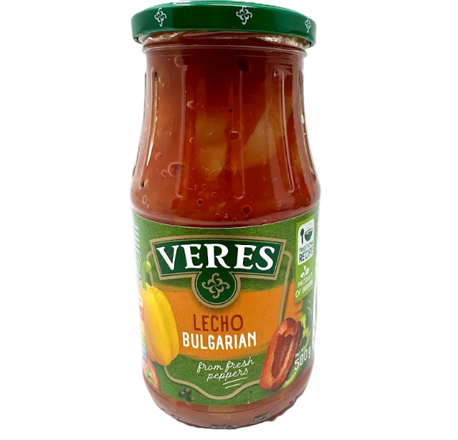 Jar of Veres Lecho Bulgarian sauce with green lid and label on a white background